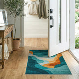 Teal Wave Abstract Area Rug with Orange Curves