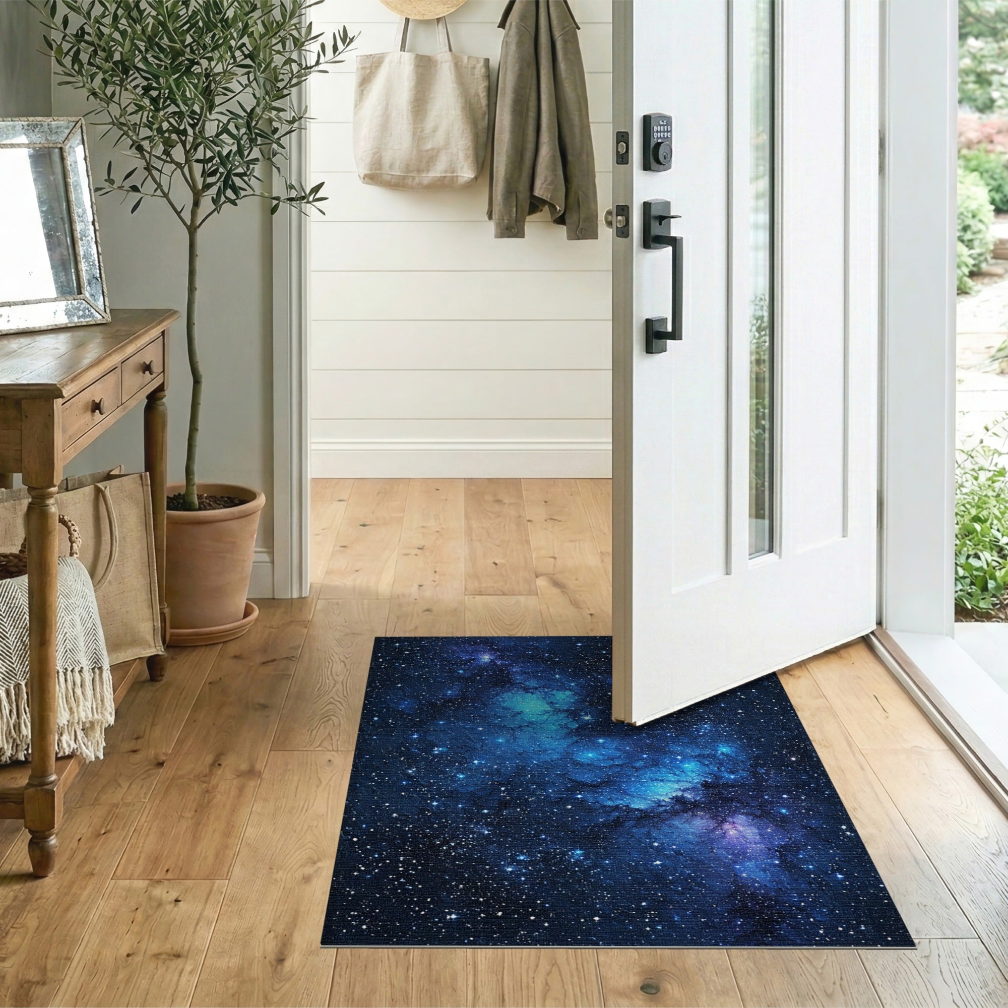 Washable Deep Blue Galaxy Area Rug - Low Pile & Non-Slip Space Design
