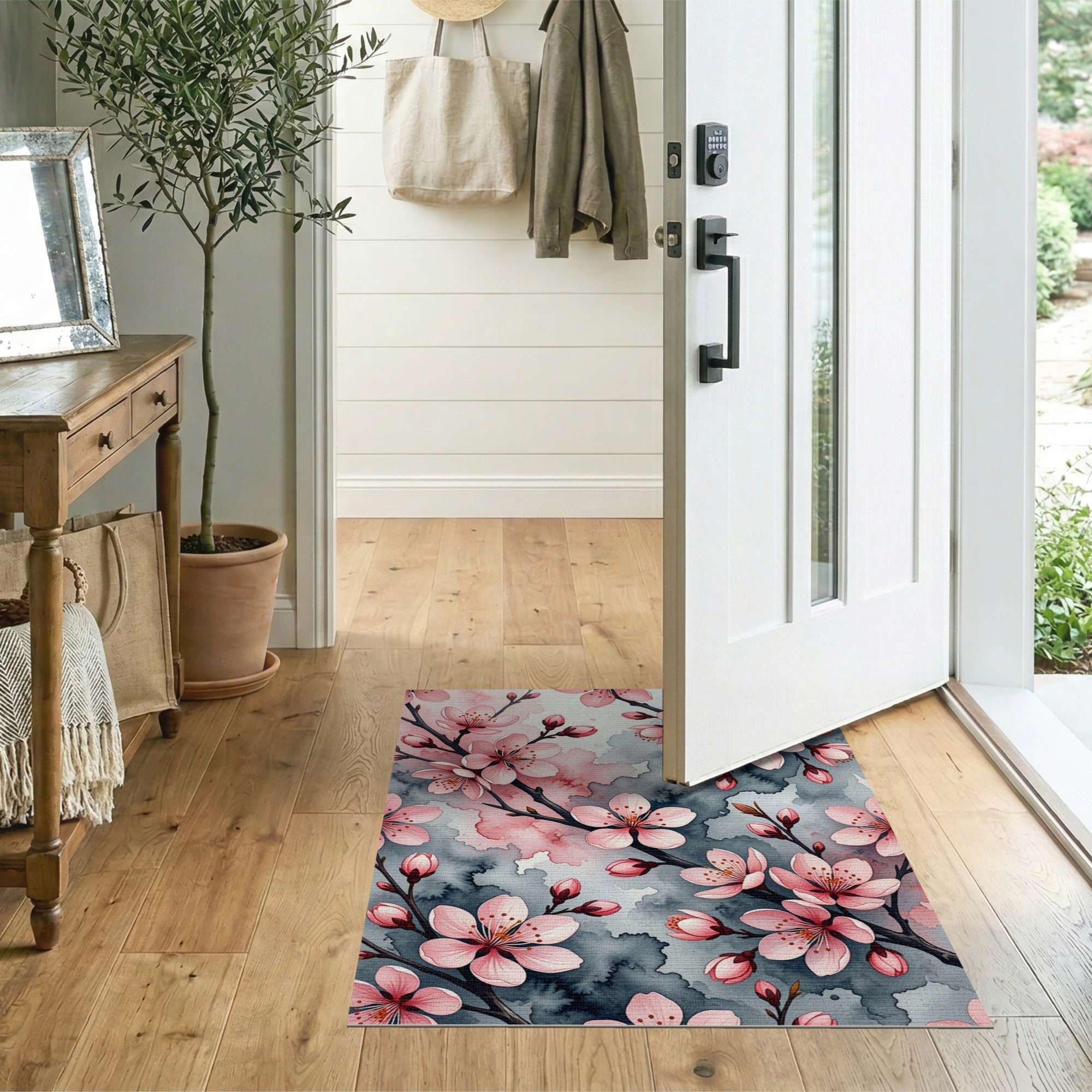 Cherry Blossom Watercolor Pink Area Rug