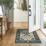 Teal Border Persian Floral Medallion Area Rug