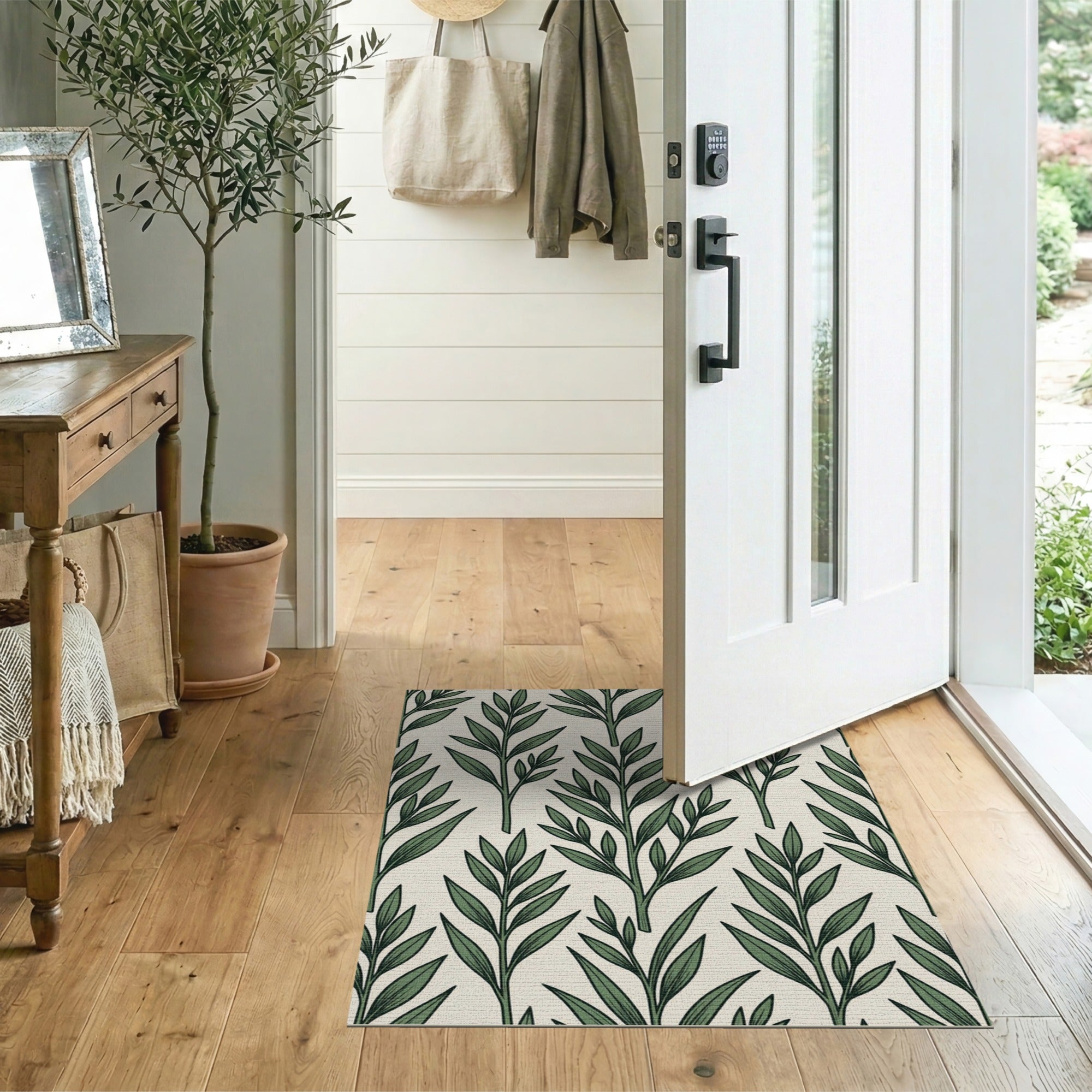 Green Botanical Green Leaves Pattern Area Rug
