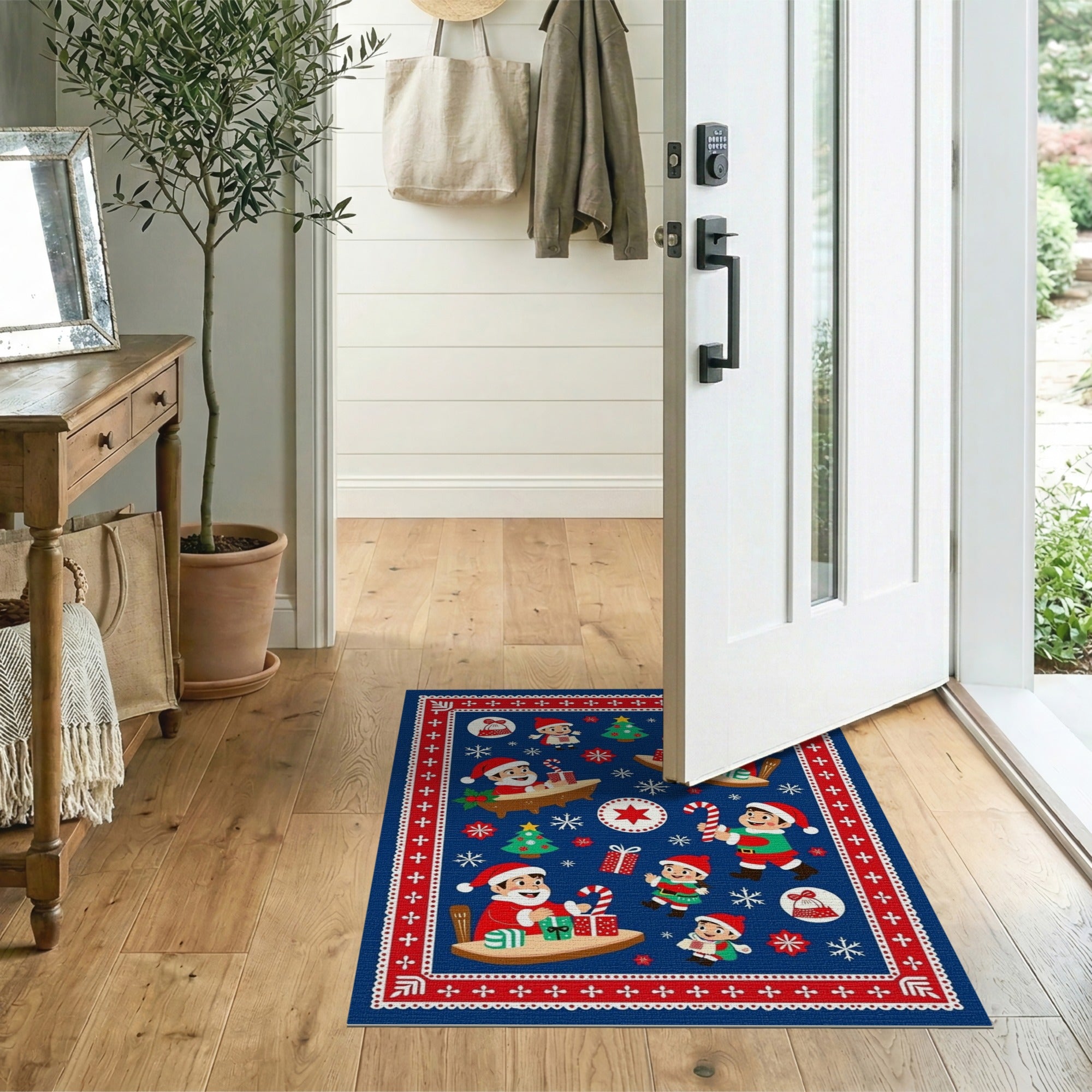 ODIKA Christmas Washable Area Rug - Festive Santa & Elves Low Pile Non-Slip Holiday Decor
