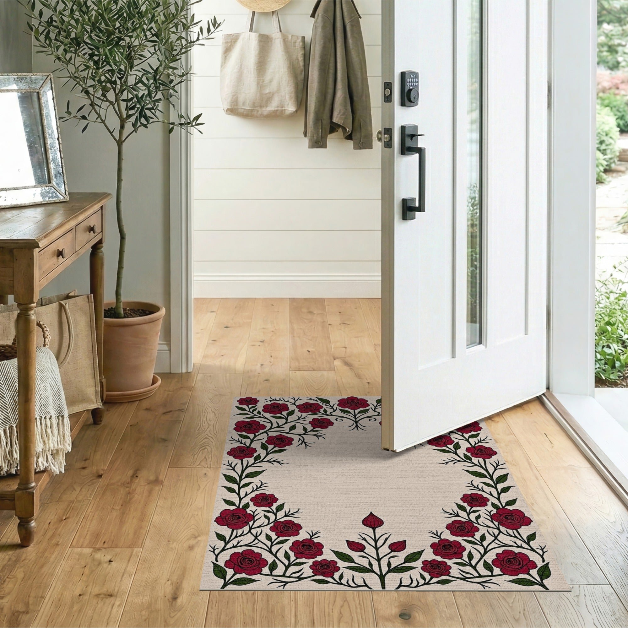 Red Vintage Red Rose Floral Area Rug