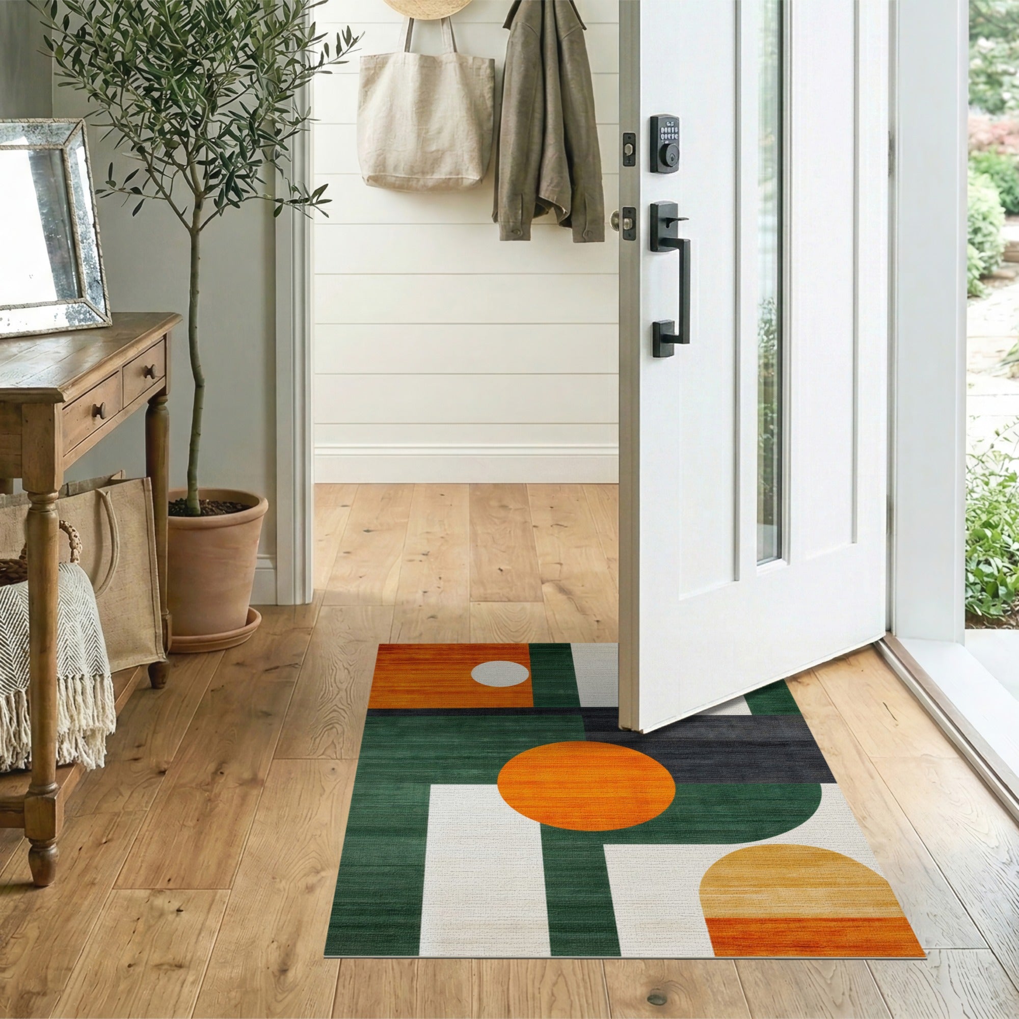 ODIKA Washable Geometric Abstract Area Rug, Modern Green & Orange Low Pile Non-Slip Carpet