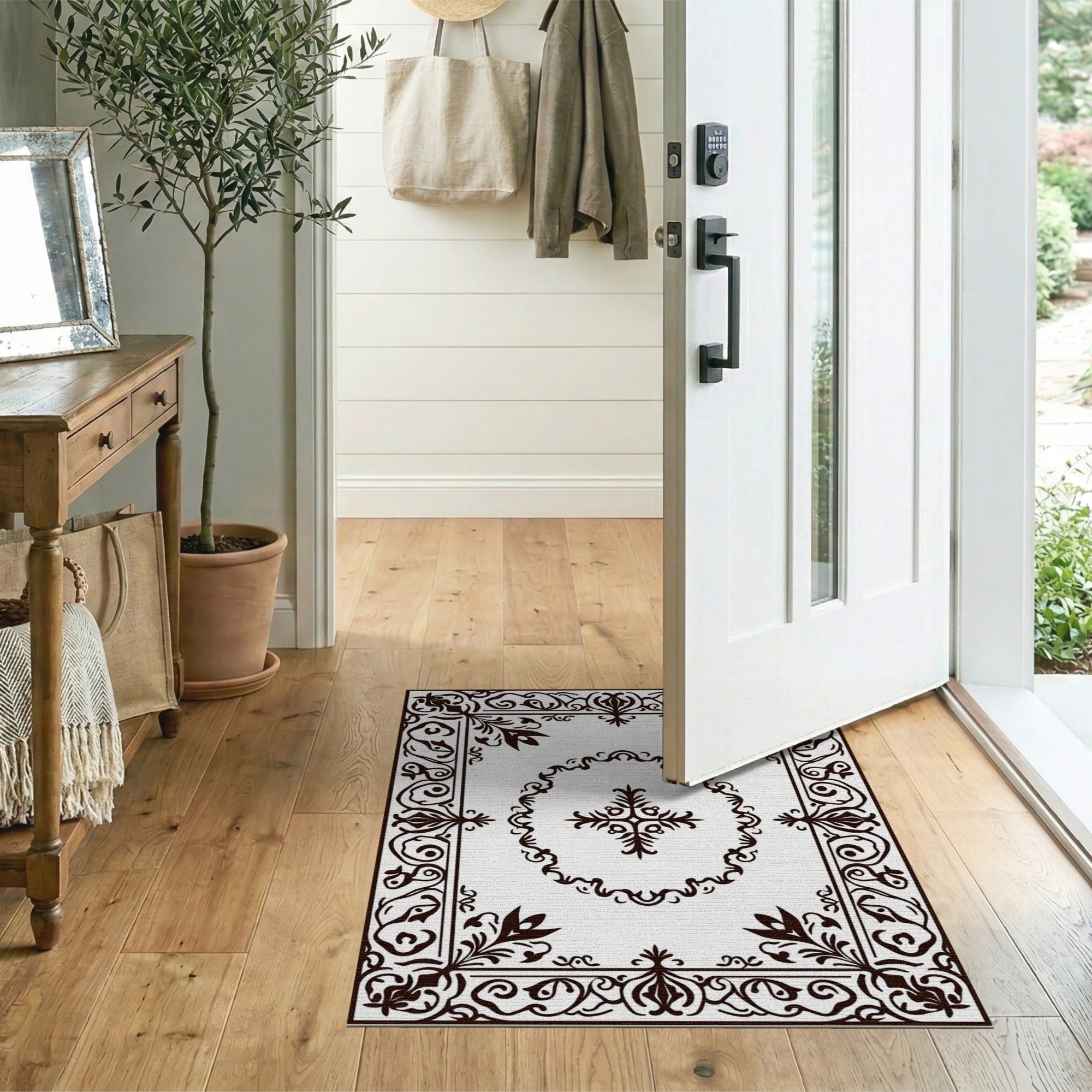 Ornate Black Floral Border Floral Vintage Area Rug