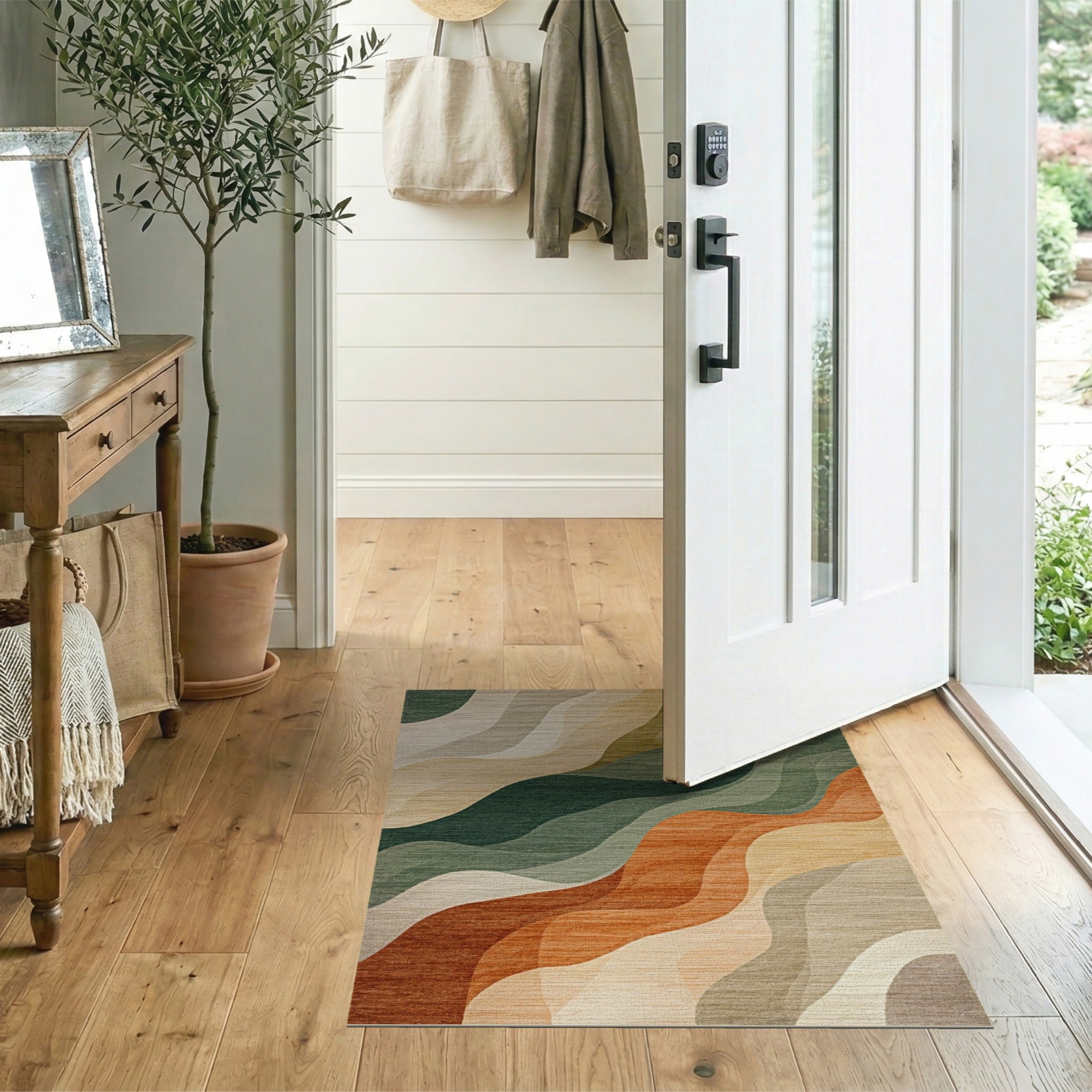 Washable Abstract Wavy Area Rug - Green & Earth Tones, Non-Slip Low Pile