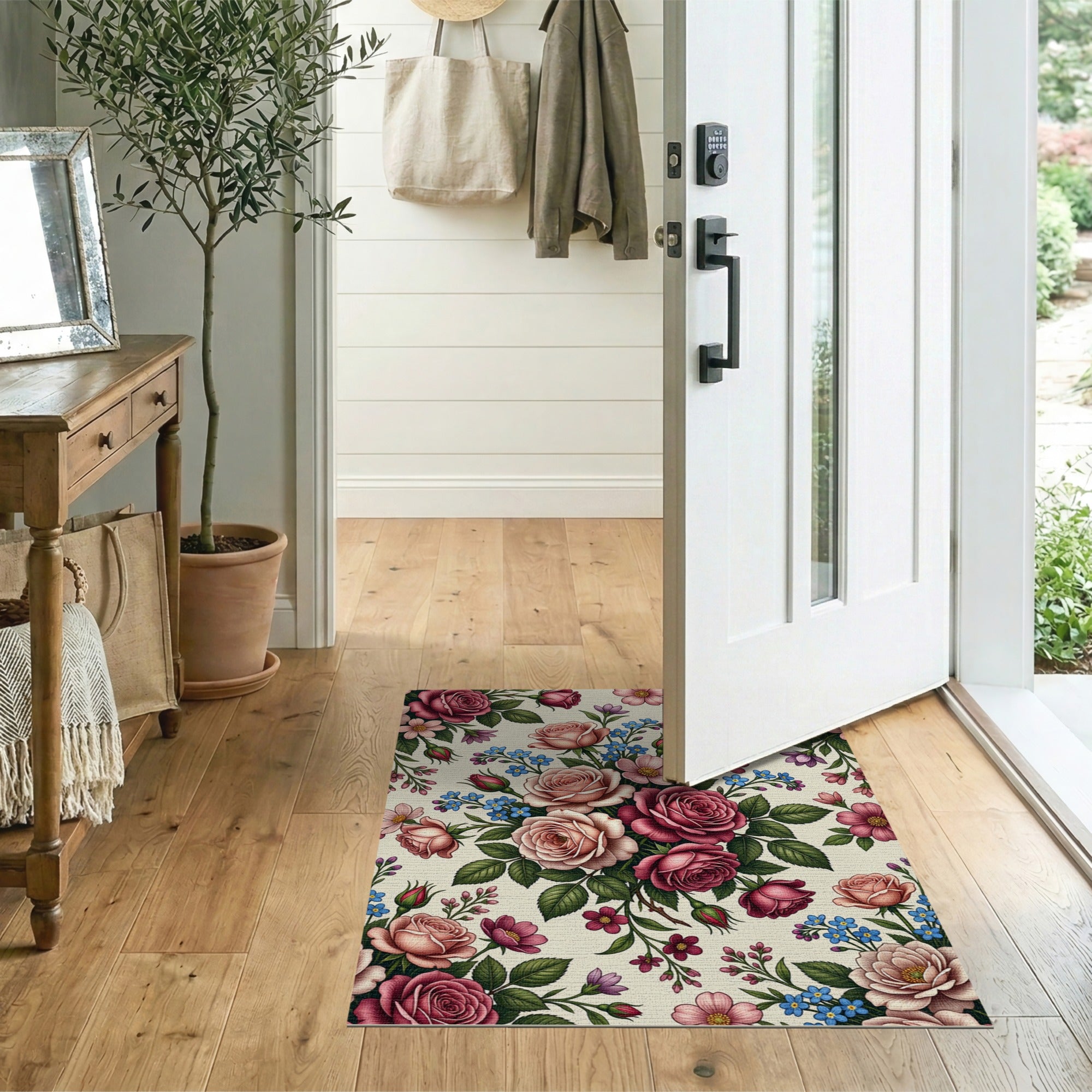 Blush Pink Rose Forget-Me-Not Floral Area Rug