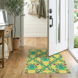 Vibrant Teal Pink Floral on Yellow Area Rug