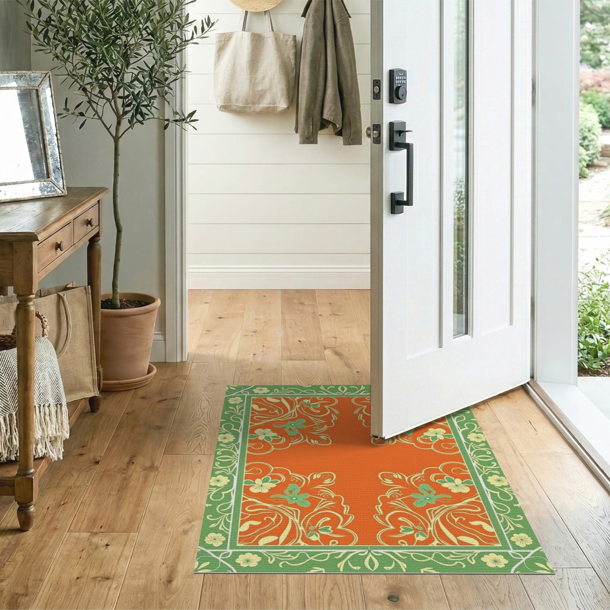 Orange Center Green Border Floral Vintage Area Rug