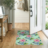 Vibrant Pink Hibiscus Floral Area Rug on Mint Green