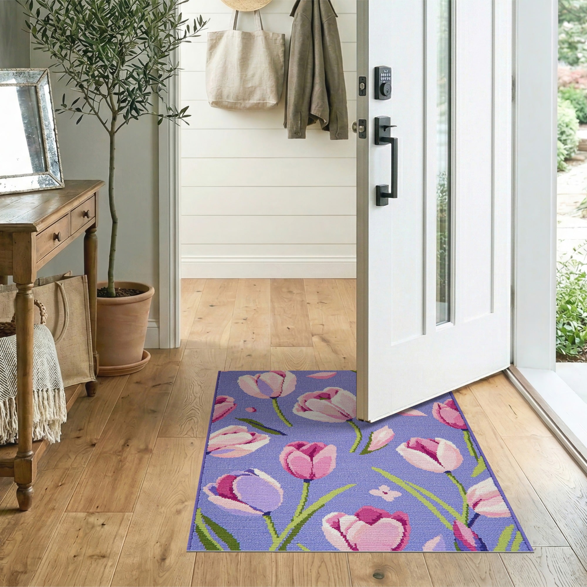 Pink Tulips on Lavender Floral Area Rug