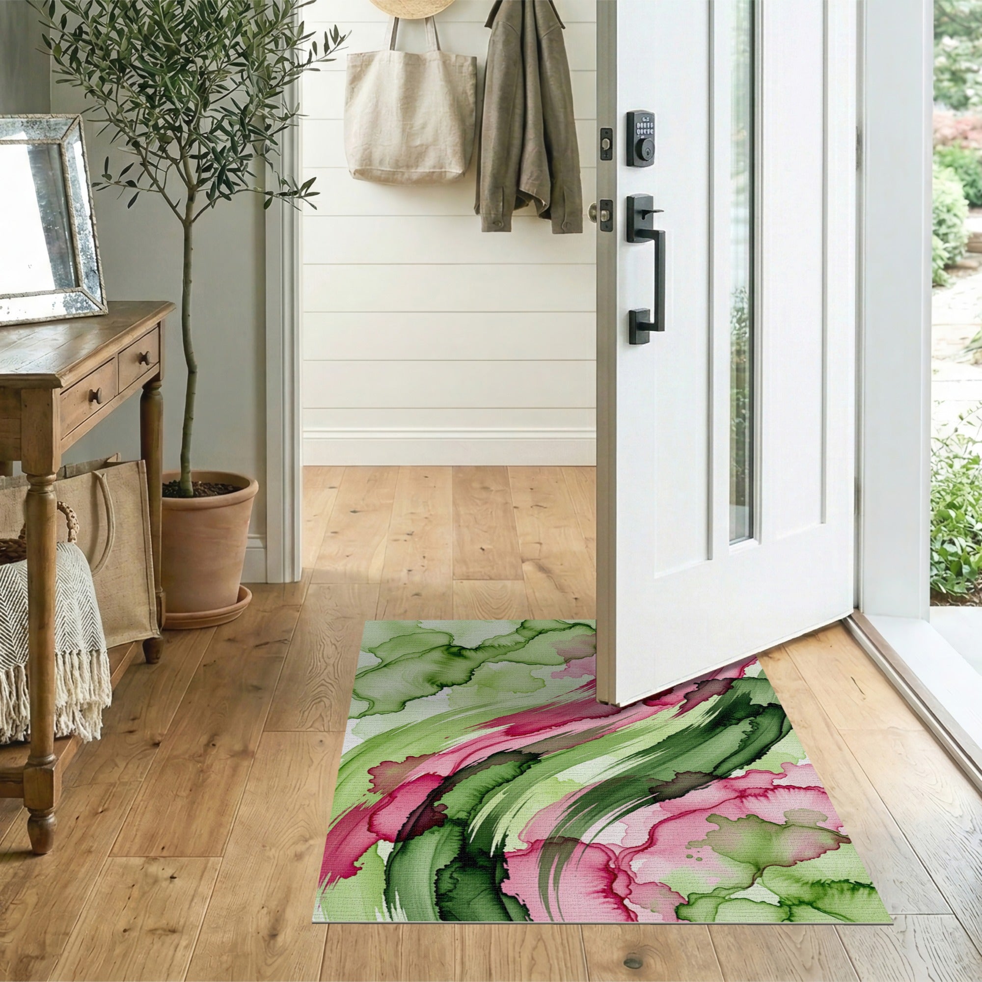 Multi-color and Patterns Fluid Green Pink Abstract Area Rug