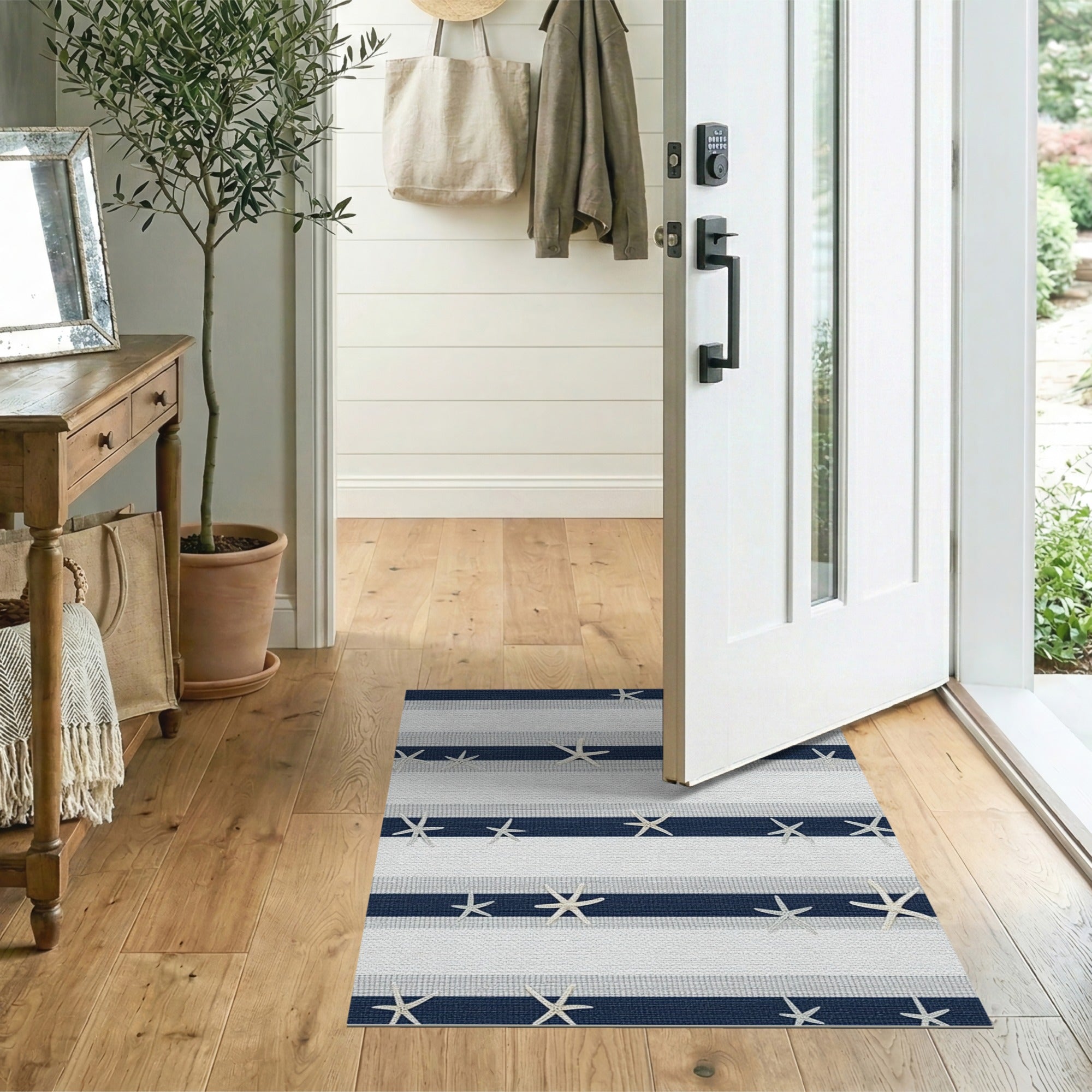 Blue and Teal Navy Striped Starfish Coastal Area Rug