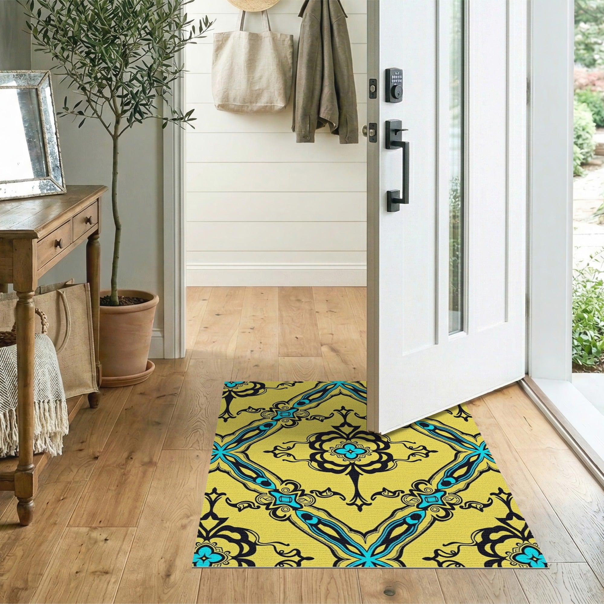 Yellow Teal Persian Area Rug with Damask Motifs