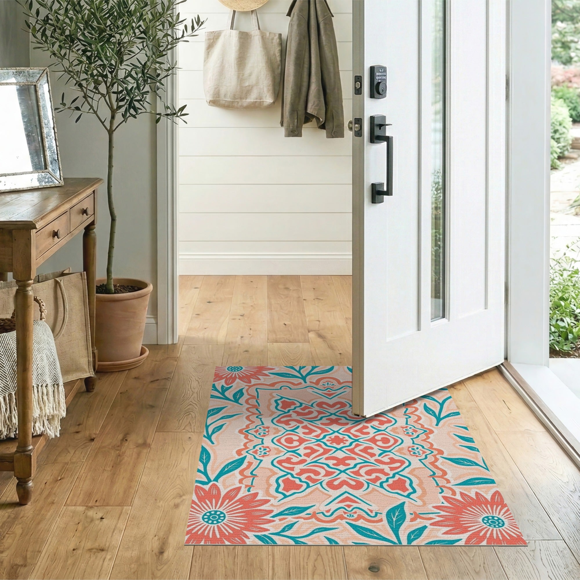 Coral Teal Floral Vintage Area Rug