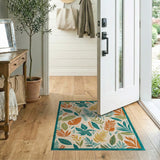 Multi-Color Leaf Boho Area Rug with Teal Border