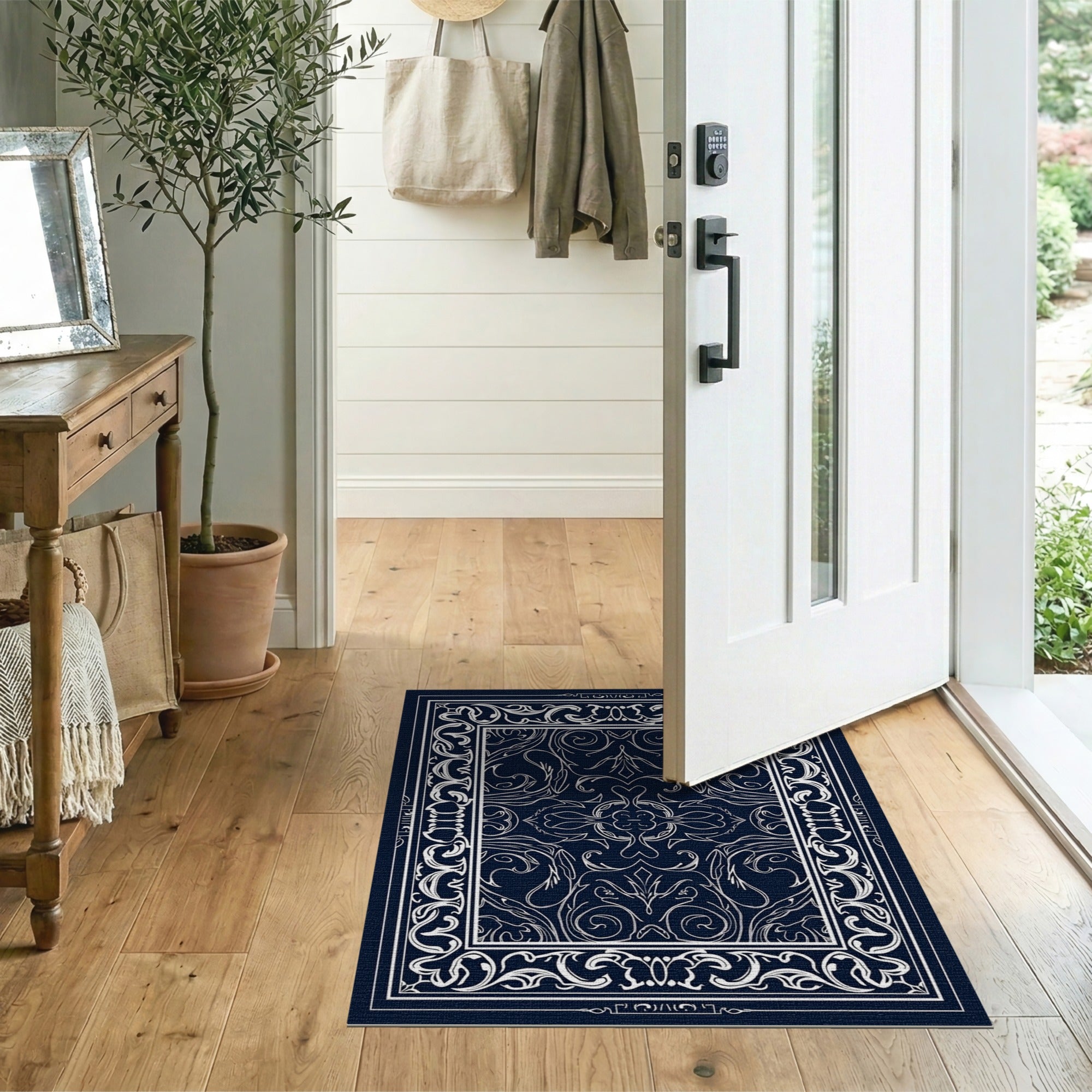 Floral Vintage Navy Ornate Floral Border Area Rug