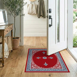 Red Persian Area Rug with Ornate Navy Border