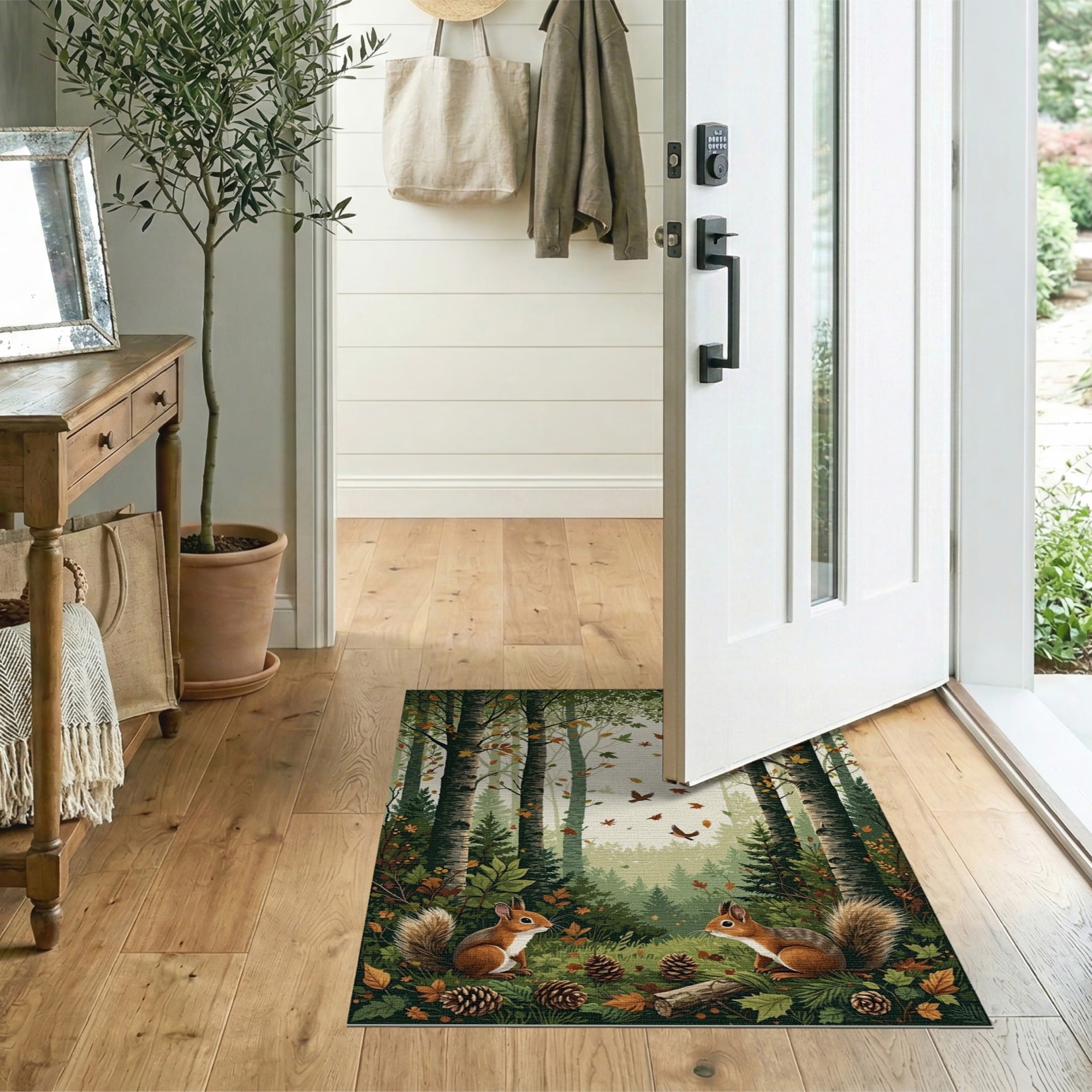 ODIKA Washable Woodland Squirrel Forest Rug - Non-Slip Low Pile Decor