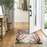 Pink Cherry Blossom Area Rug with Birds and Lattice