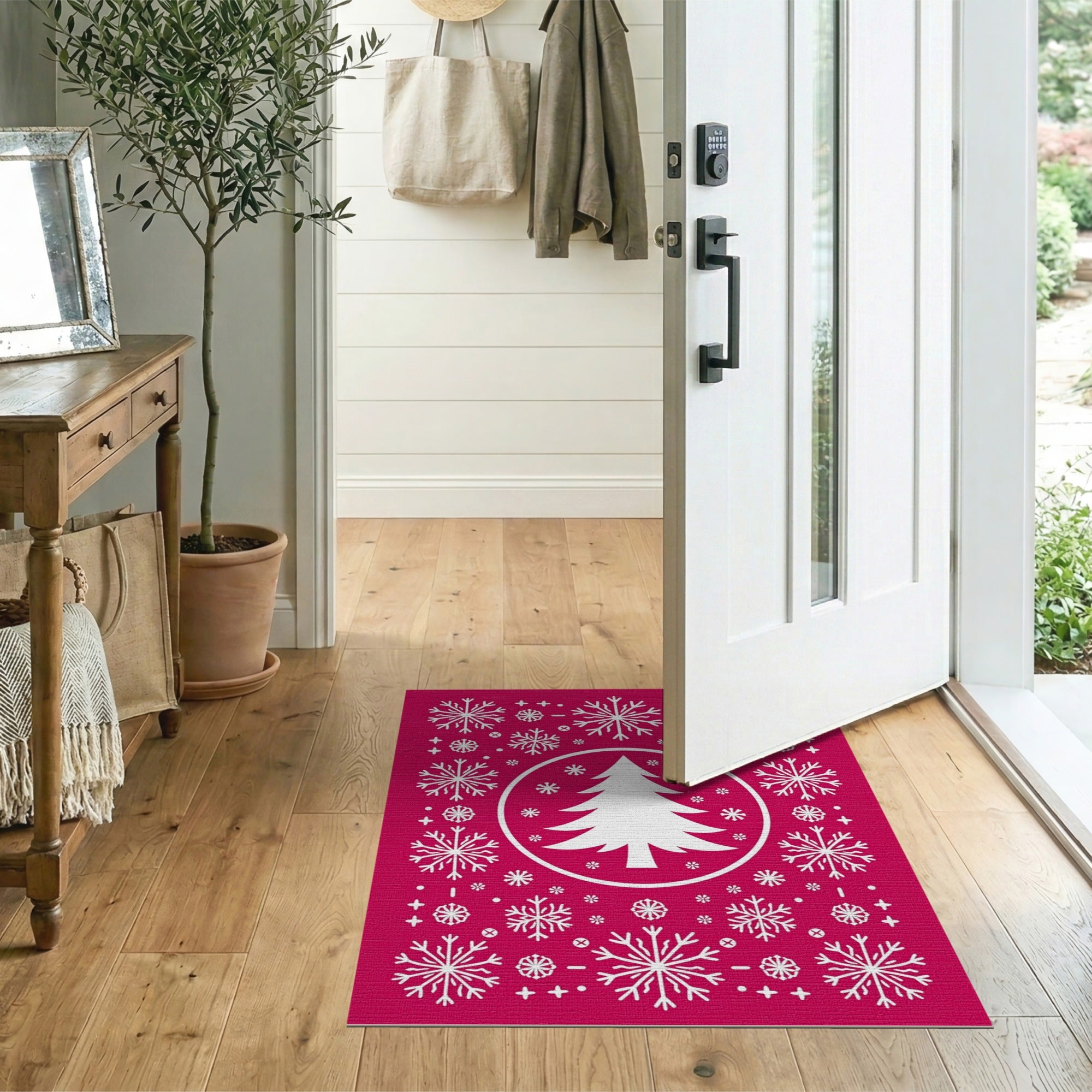 Red Festive Red Christmas Tree Snowflake Area Rug