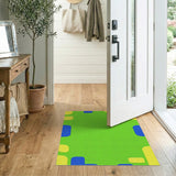 Playful Green Kids Rug with Yellow Ovals Blue Rectangles