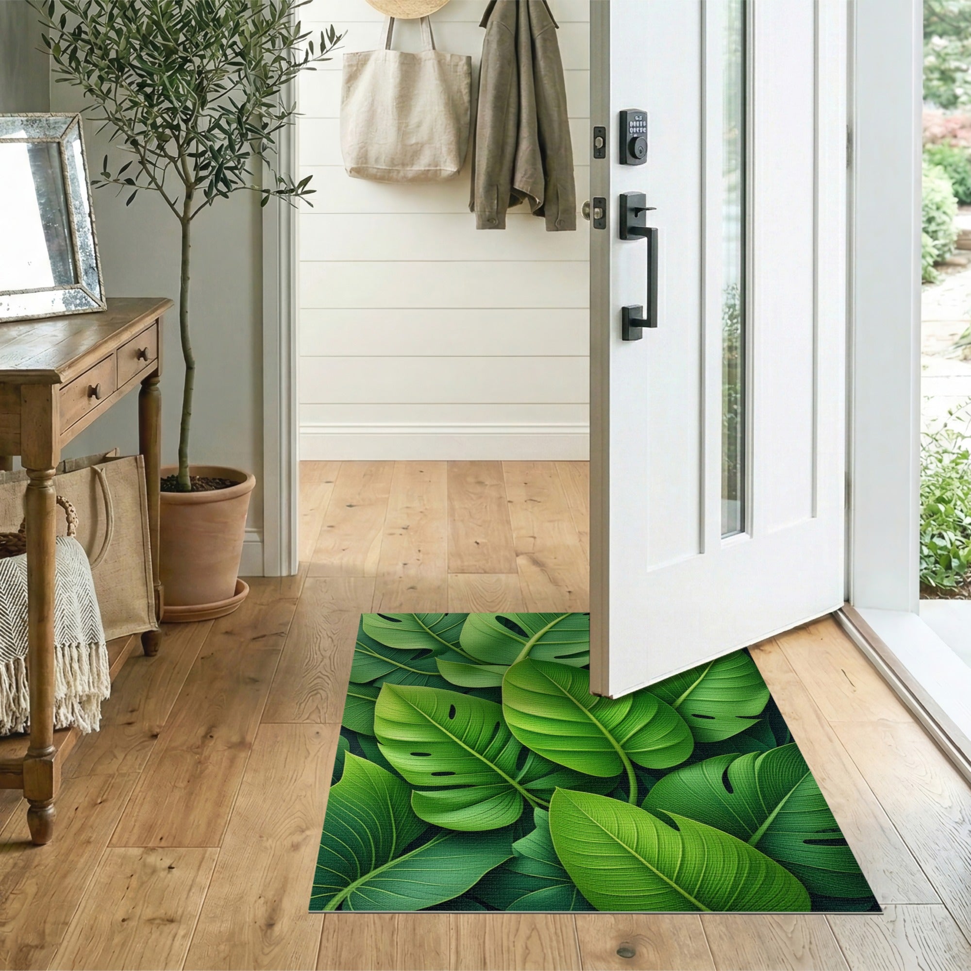 Green Lush Overlapping Monstera Leaves Area Rug