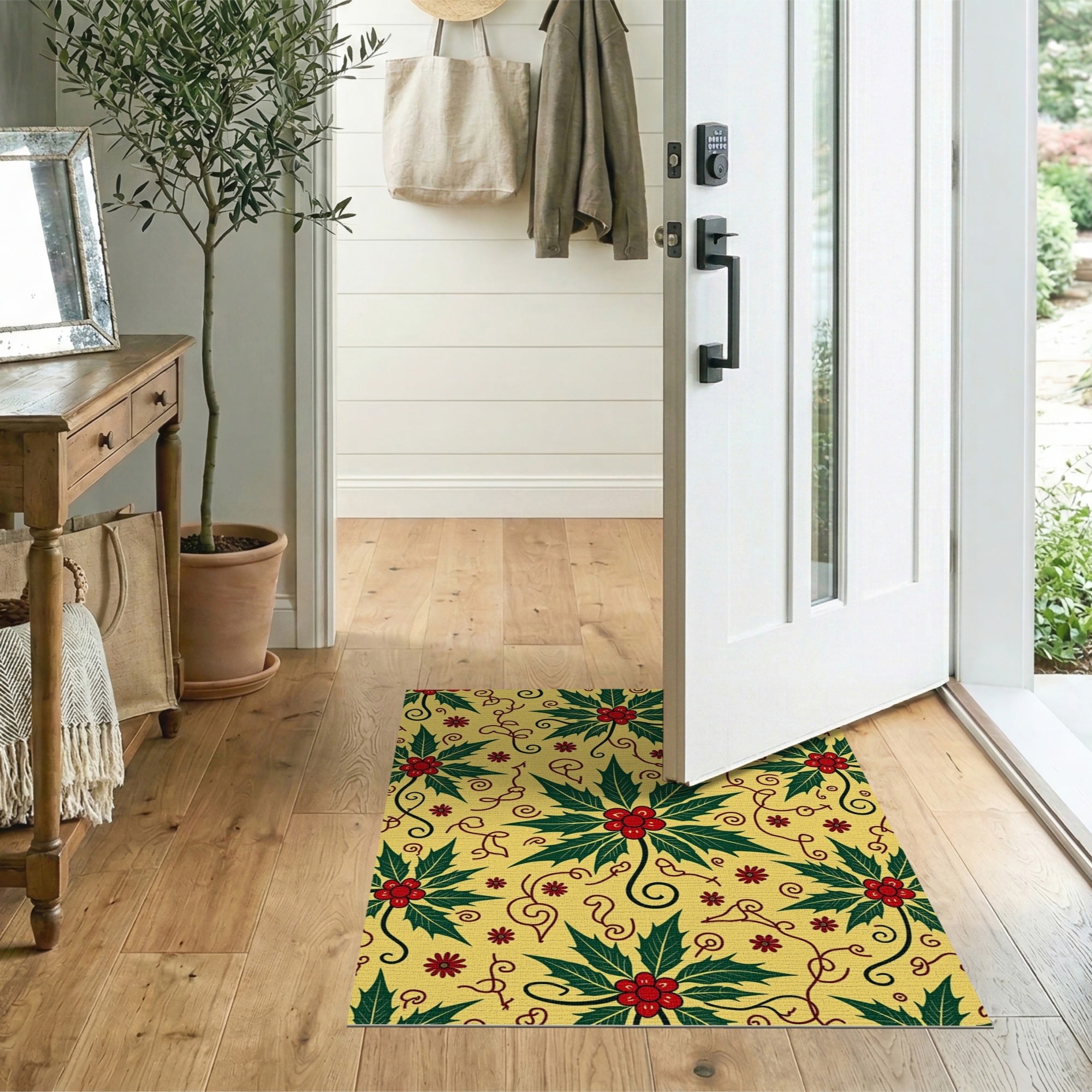 Yellow Holly Berry Floral Area Rug