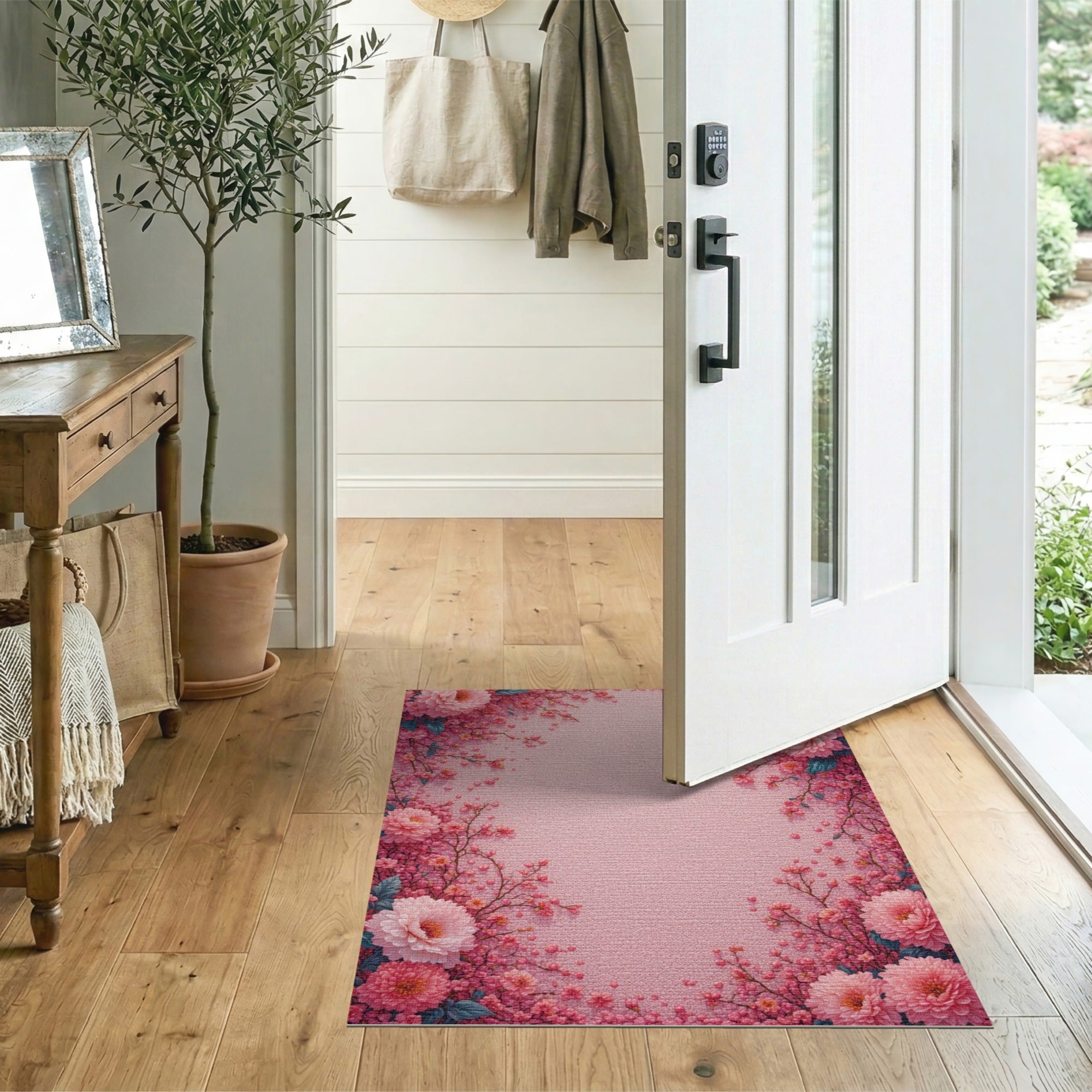 Pink Dahlia Cherry Blossom Floral Rug