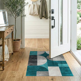 Teal Grey Curved Geometric Area Rug
