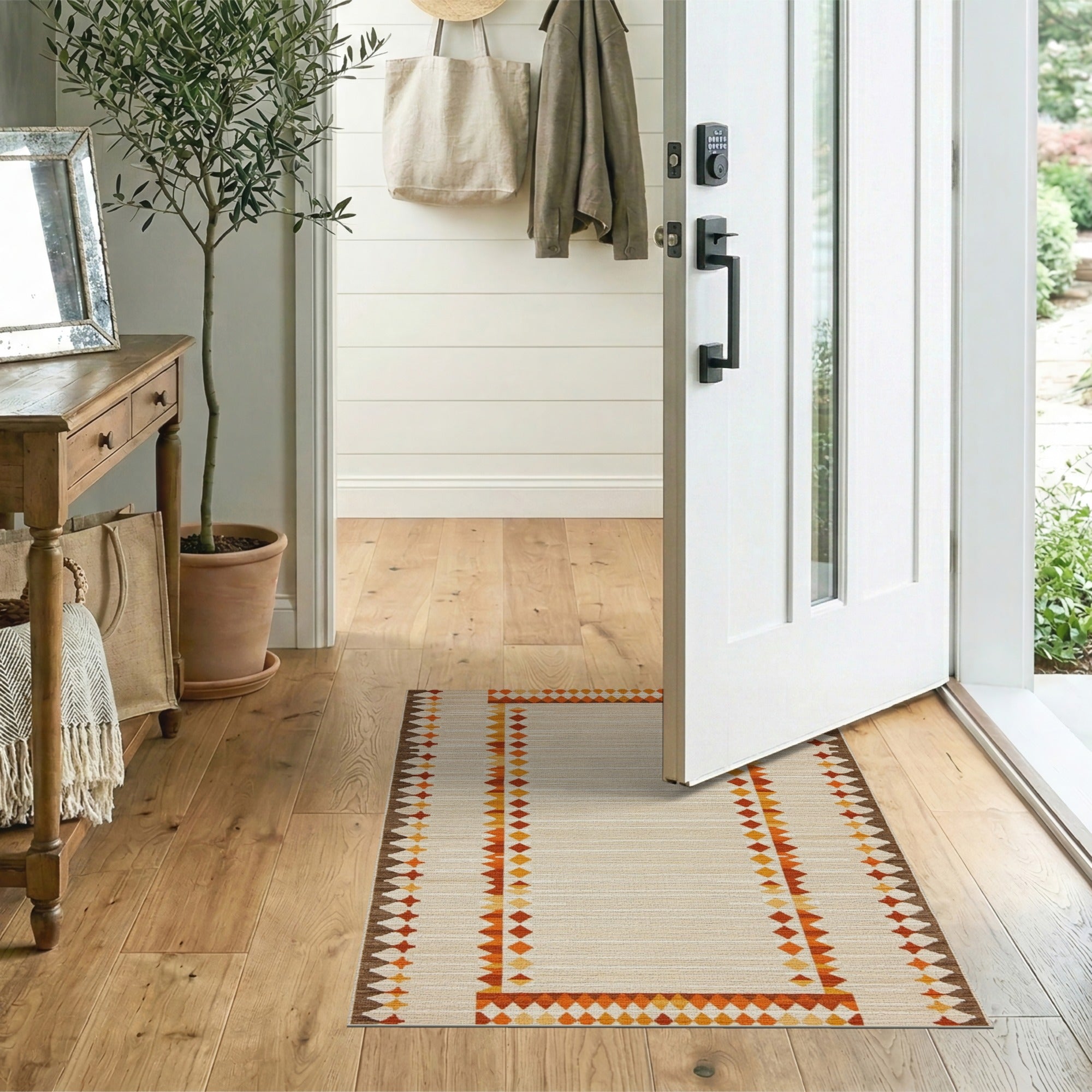 Beige Southwestern Area Rug with Orange Geometric Borders
