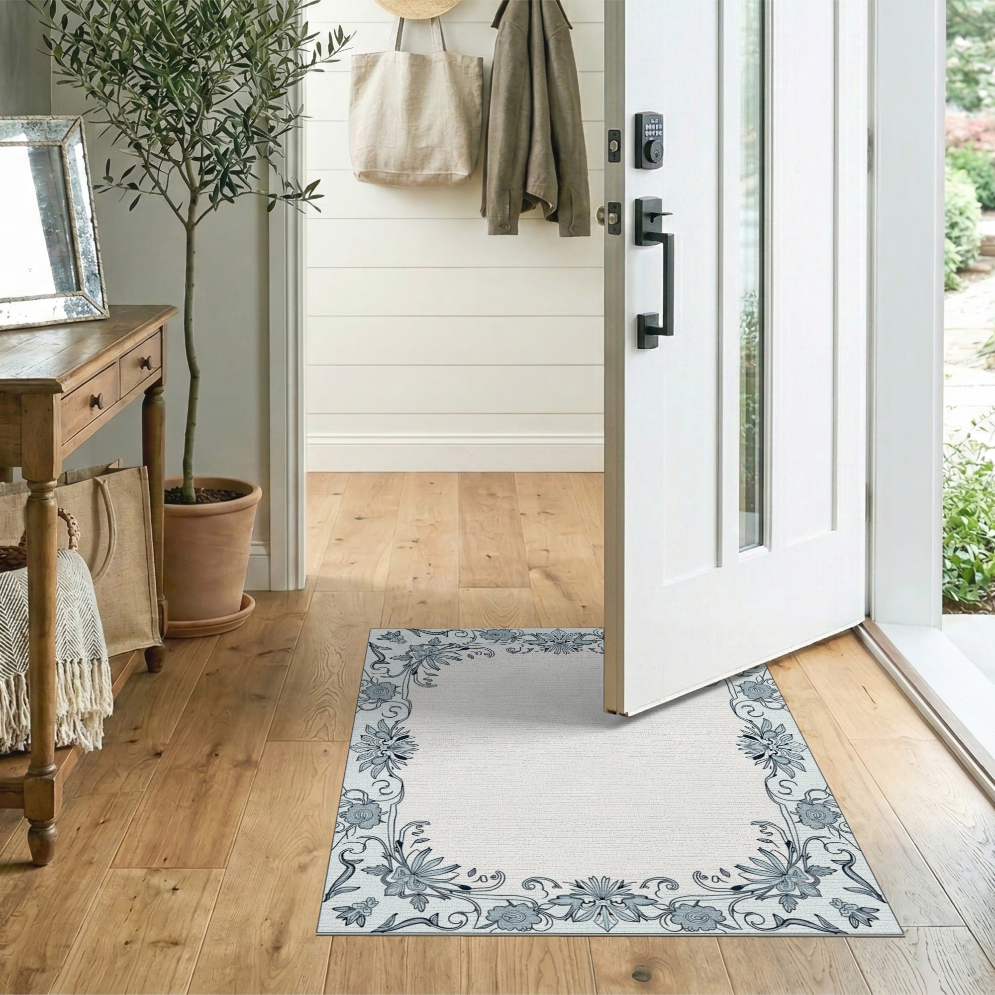 Elegant Blue Floral Vintage Border Rug