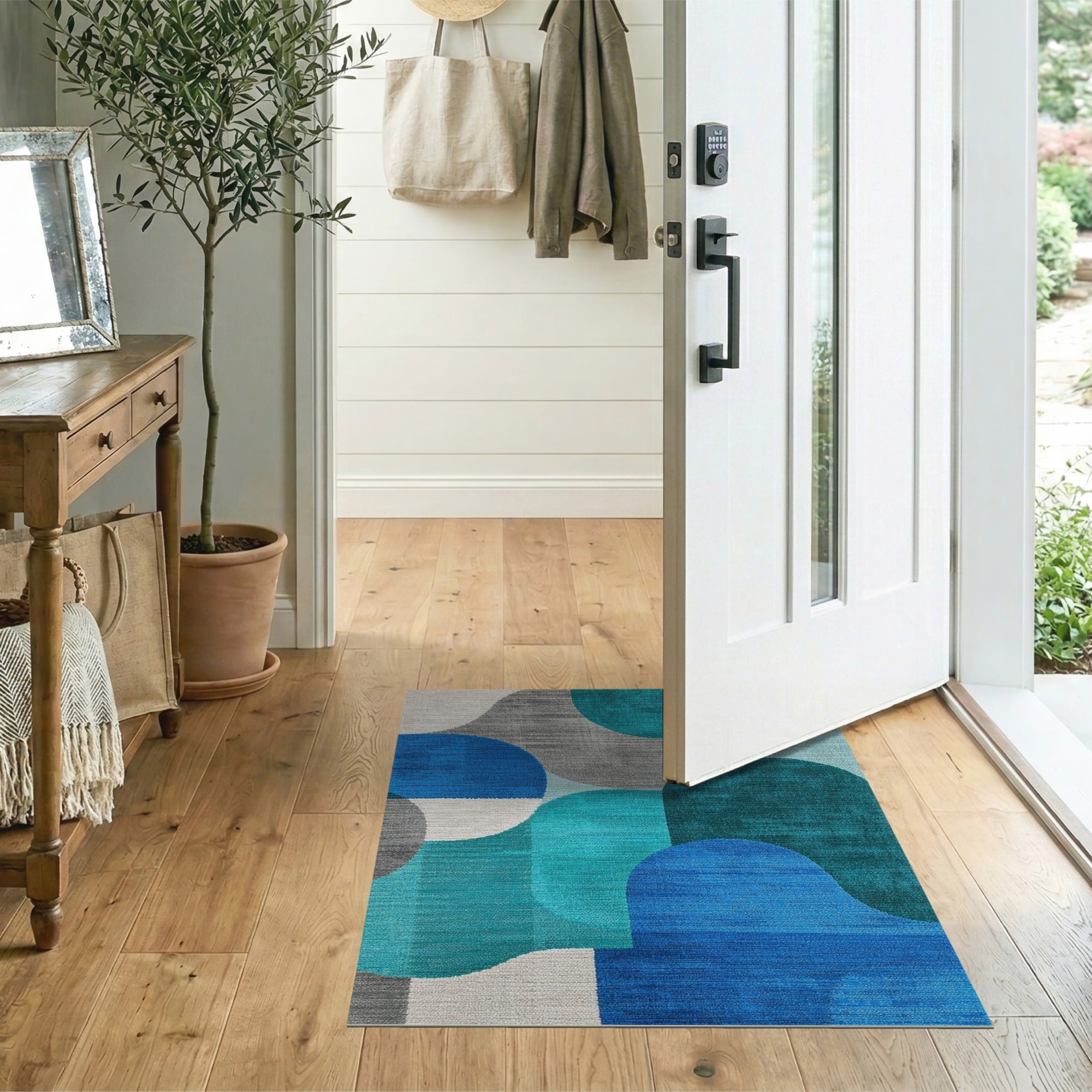 Abstract Blue Teal Organic Shapes Area Rug