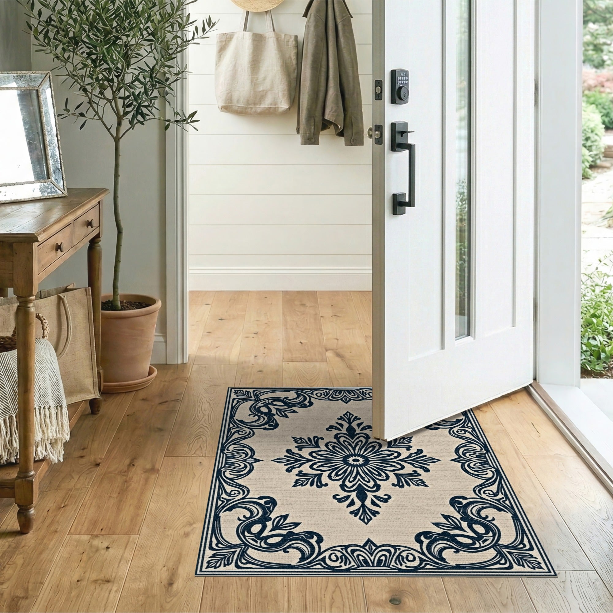 Beige and Neutral Navy Ornate Floral Medallion Area Rug