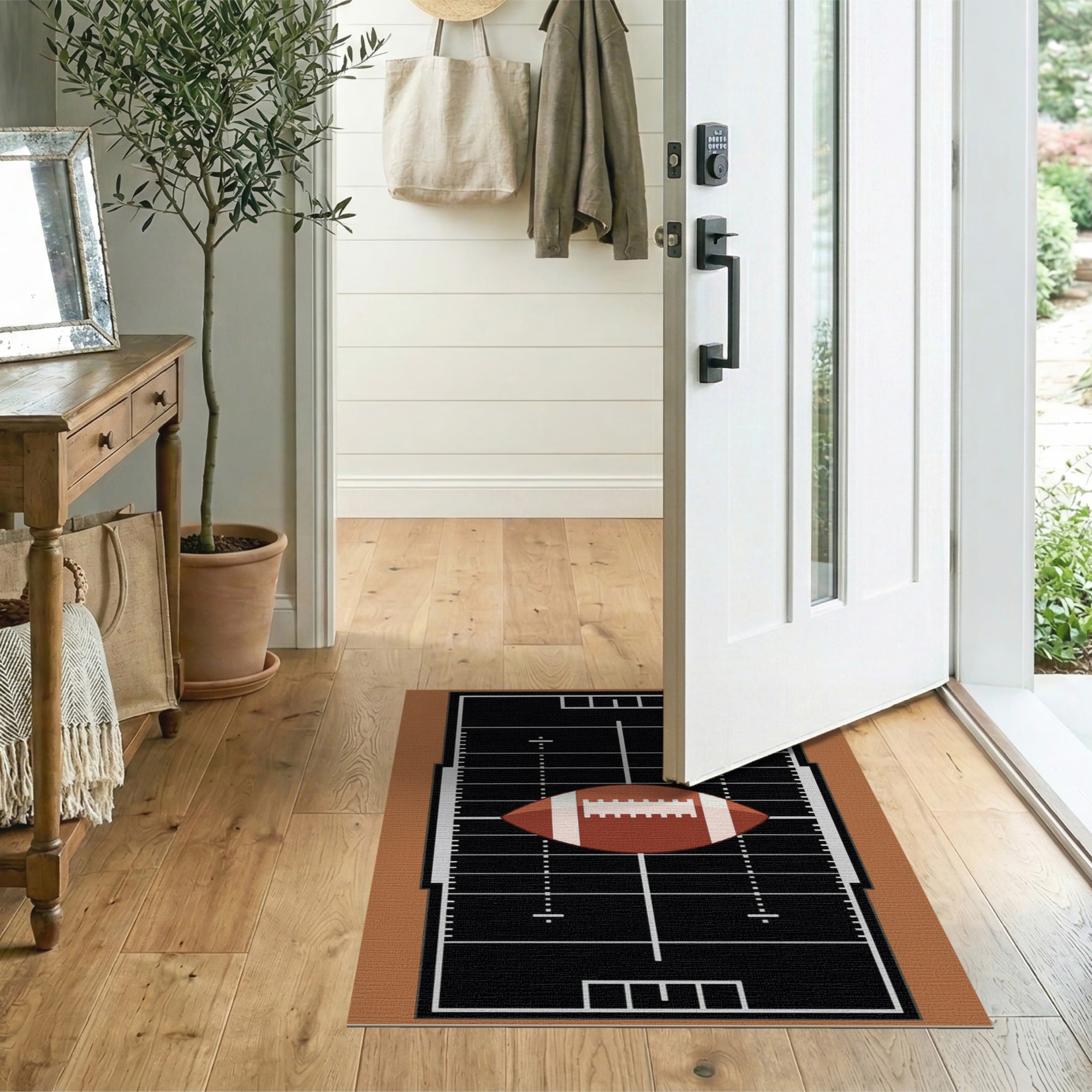 Black and White Football Field Area Rug with Centered Ball