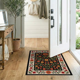 Vibrant Red Orange Floral Black Area Rug