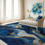 Abstract Navy Blue Gold Wave Area Rug