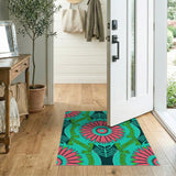 Teal Pink Starburst Flower Zebra Leaf Area Rug
