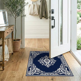 Navy Blue Ornate Persian Area Rug with White Medallion