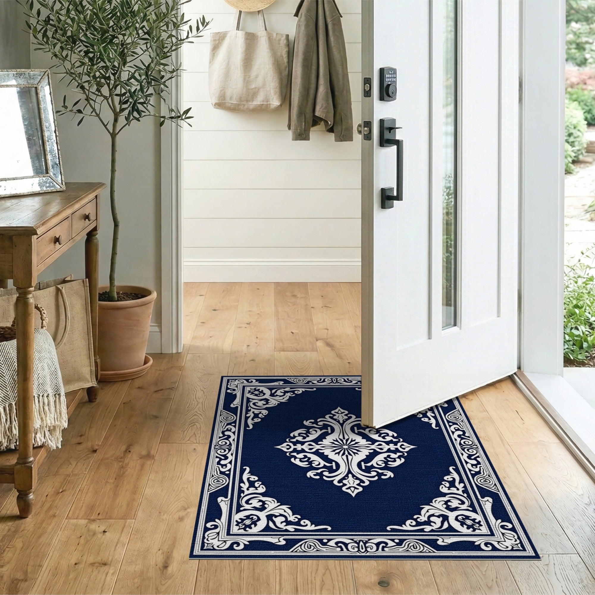 Navy Blue Ornate Persian Area Rug with White Medallion