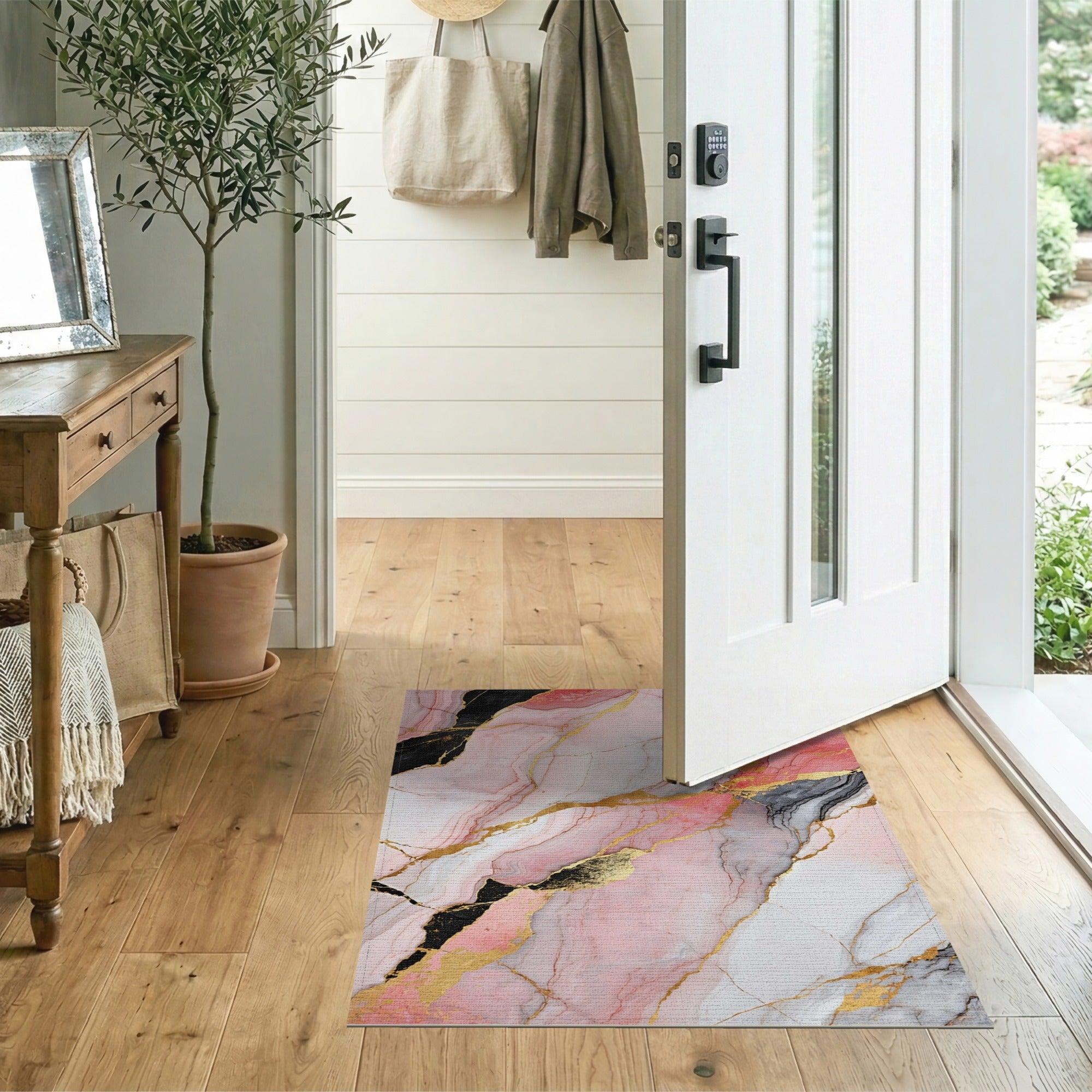 Pink Marble Gold Accents Abstract Area Rug