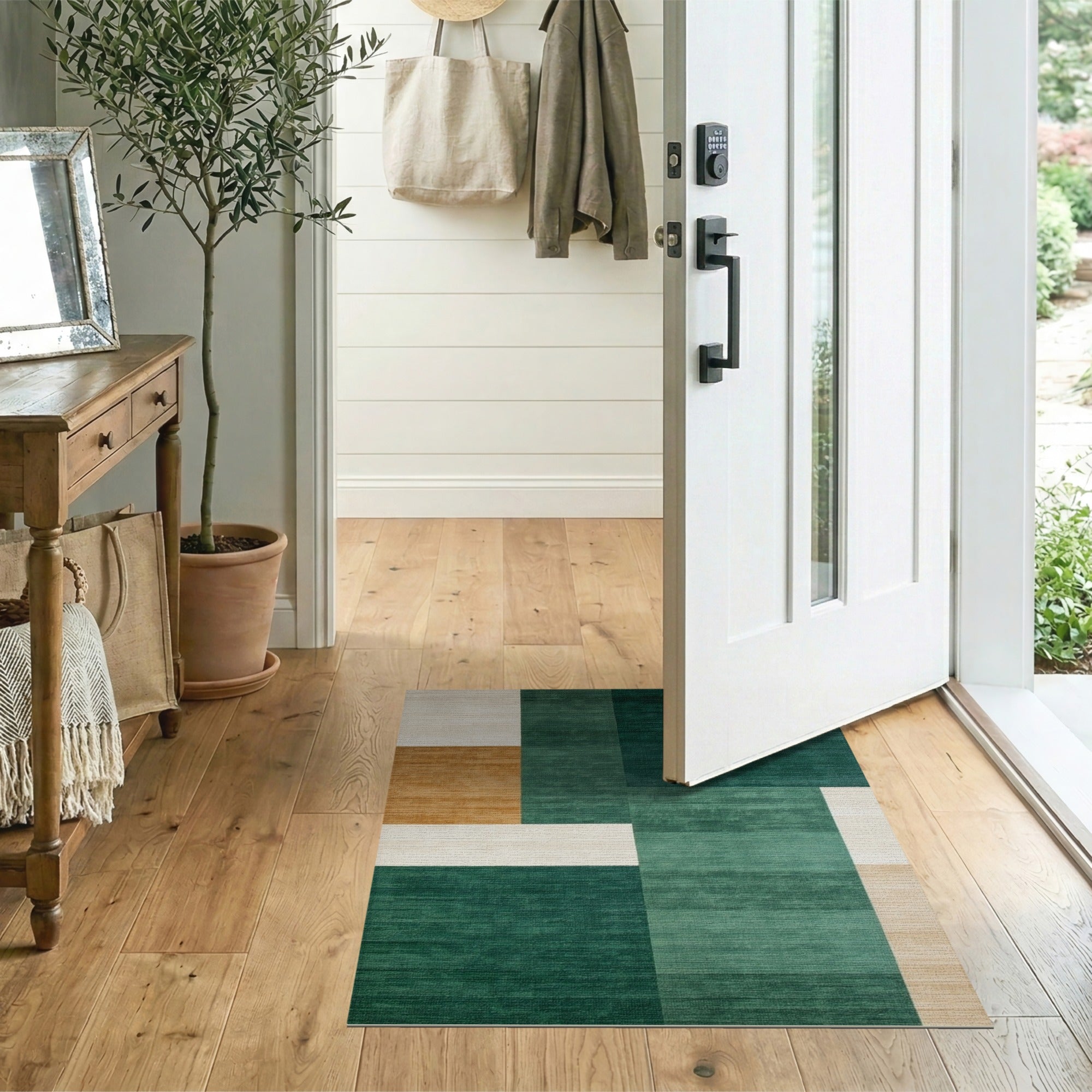ODIKA Modern Abstract Geometric Washable Area Rug - Emerald Green and Ochre