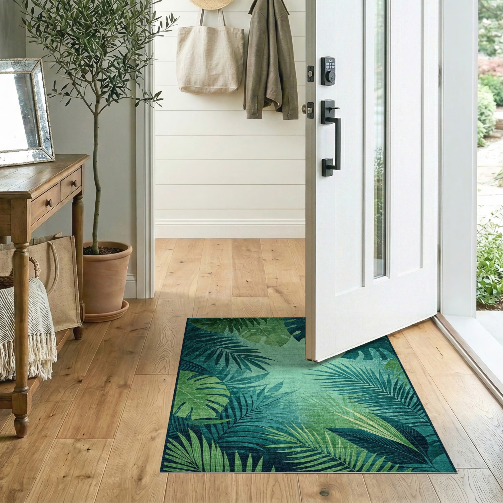 Vintage Teal Monstera Leaf Area Rug