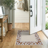 Beige and Neutral Ornate Floral Border Beige Area Rug