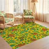ODIKA Surrealist Mythical Creature Washable Area Rug - Vibrant Yellow Low Pile Non-Slip Botanical Carpet