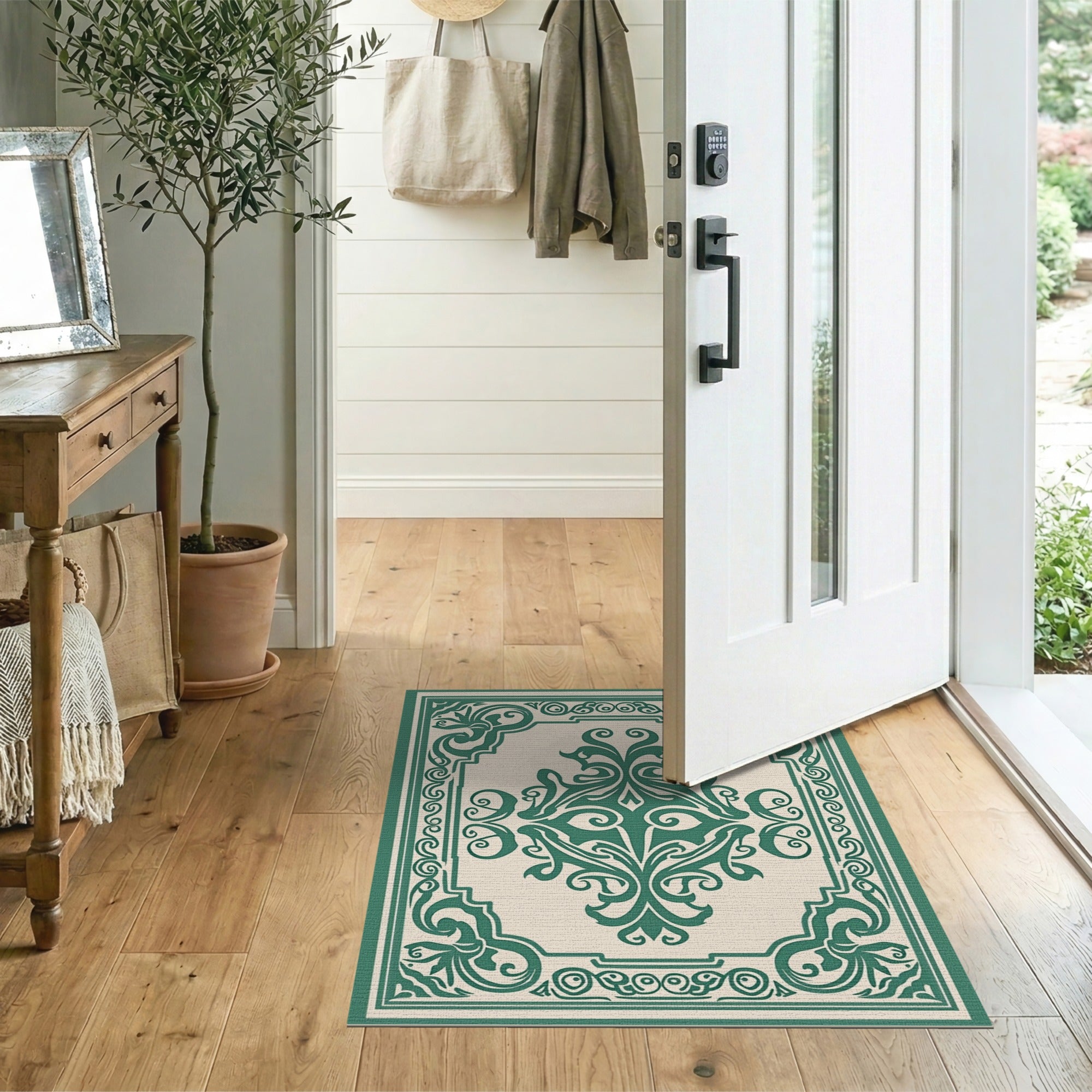 Green Ornate Green Floral Vintage Border Rug