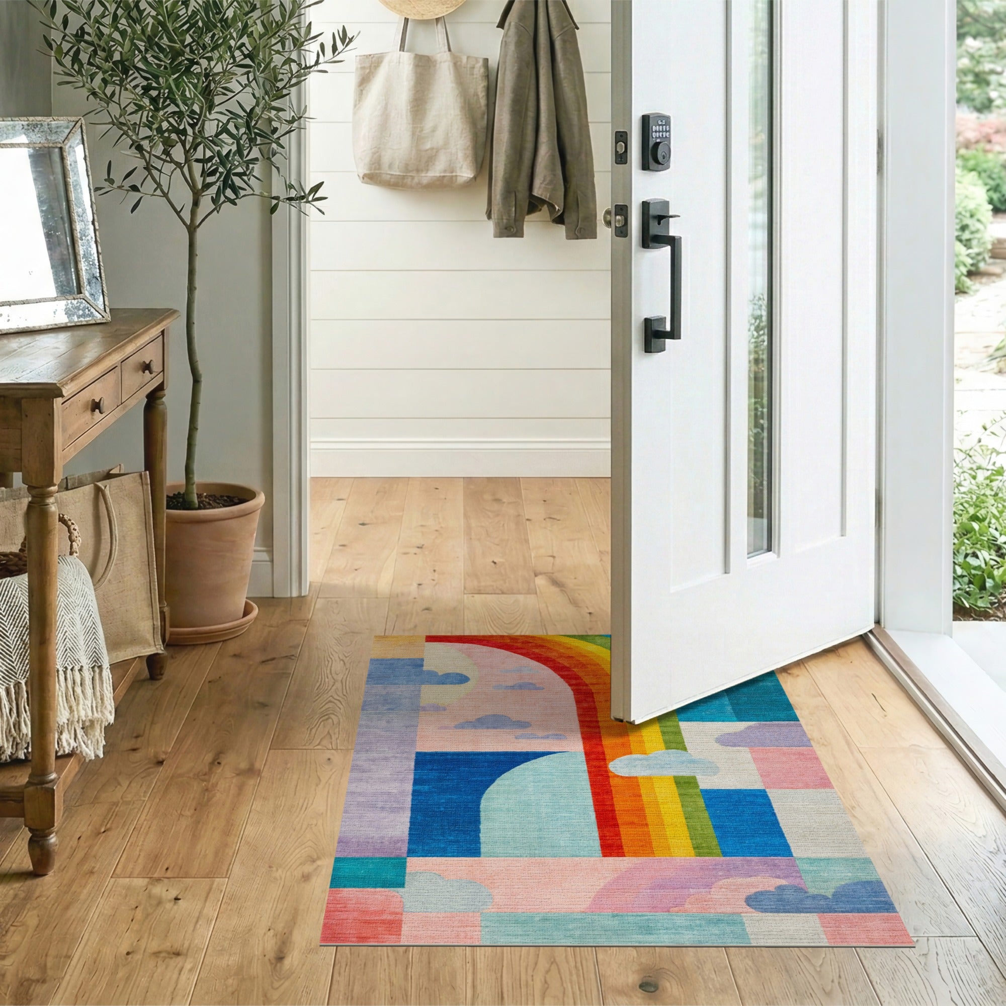 ODIKA Washable Rainbow Abstract Geometric Rug - Low Pile Non-Slip Kids Area Rug