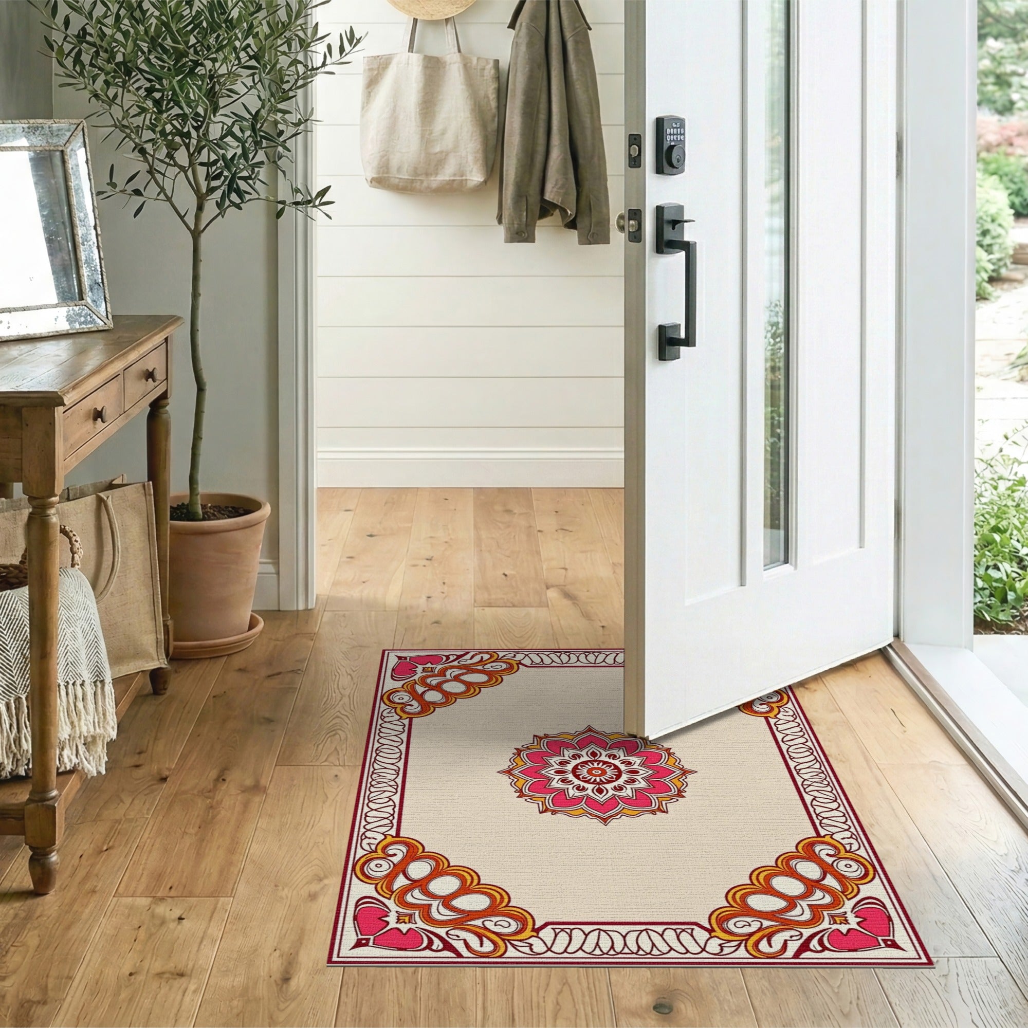 Pink Lotus Mandala Area Rug with Ornate Borders