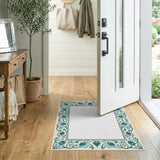 Teal Ornate Persian Floral Border Rug