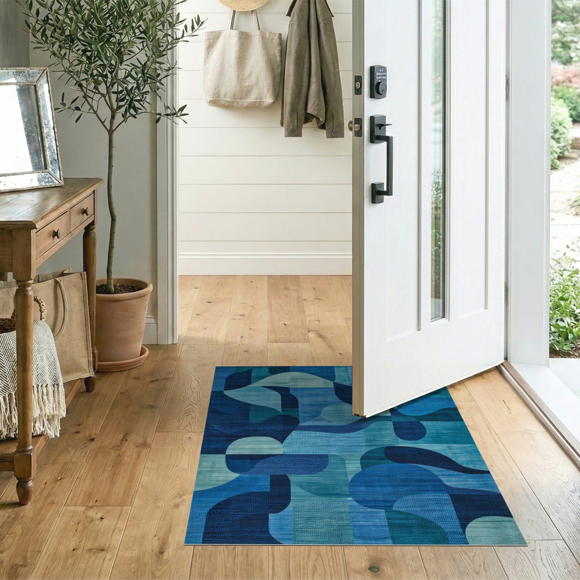 ODIKA Washable Blue Abstract Geometric Area Rug - Low Pile Non-Slip Indoor Mat